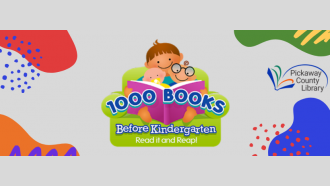 Babies reading 1,000 books before kindergarten surrounded by color splotches