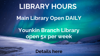 Library Hours on snowy Northern Lights background
