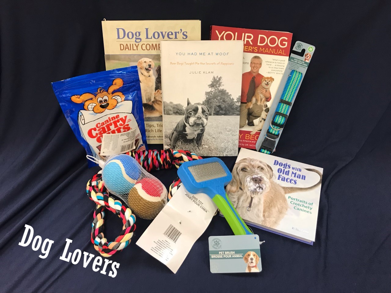 dog toys, dog treats, books about dogs