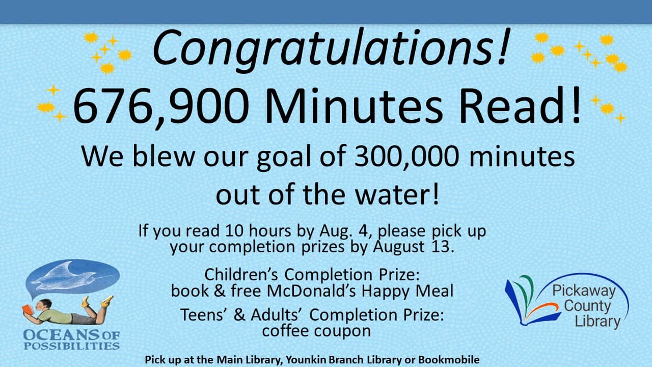 676,900 Minutes Read, Summer Reading Completion Prize pick up date