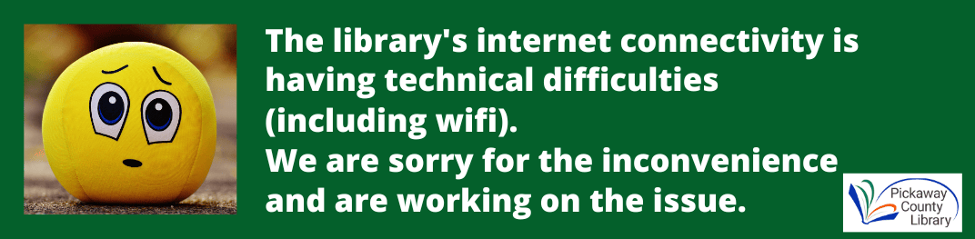 Sad emoji face. Library's internet connectivity is having technical difficulties, including wifi.
